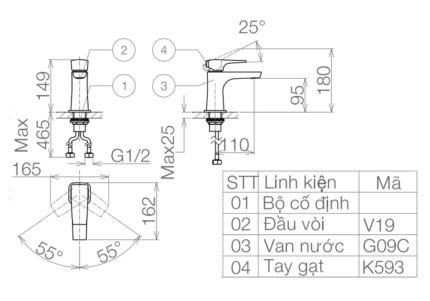 Bản vẽ kỹ thuật Vòi lavabo VIGLACERA VG143 (VSD143) nóng lạnh