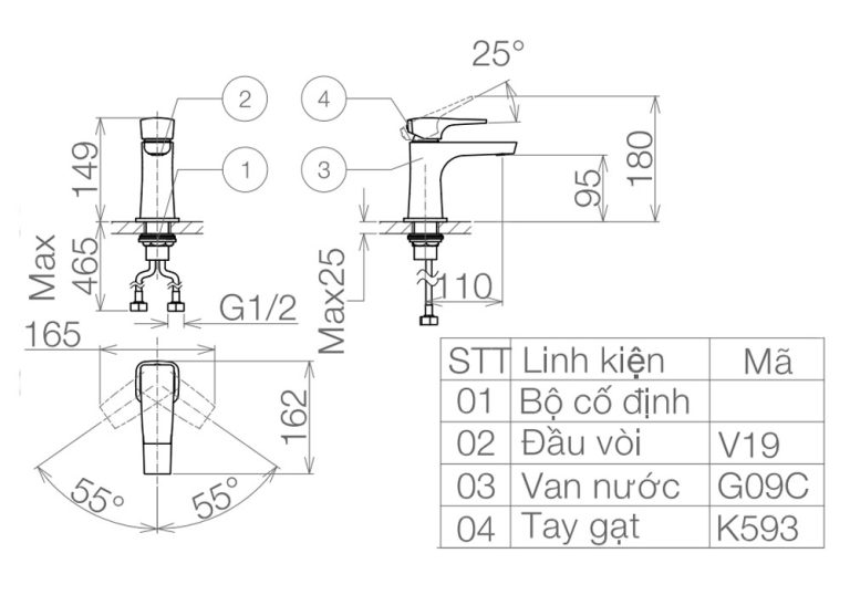 Bản vẽ kỹ thuật Vòi lavabo VIGLACERA VG143 (VSD143) nóng lạnh