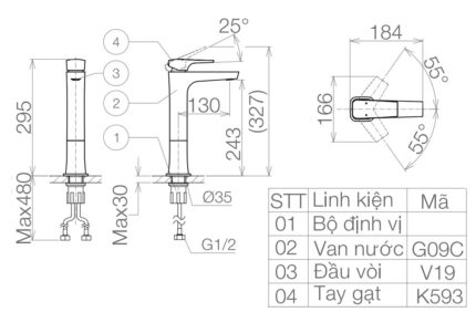 Bản vẽ kỹ thuật Vòi lavabo VIGLACERA VG143.1 cổ cao nóng lạnh
