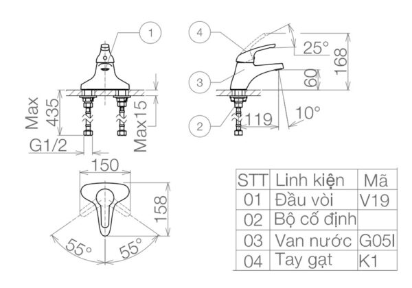 Bản vẽ kỹ thuật Vòi lavabo VIGLACERA VG302 nóng lạnh