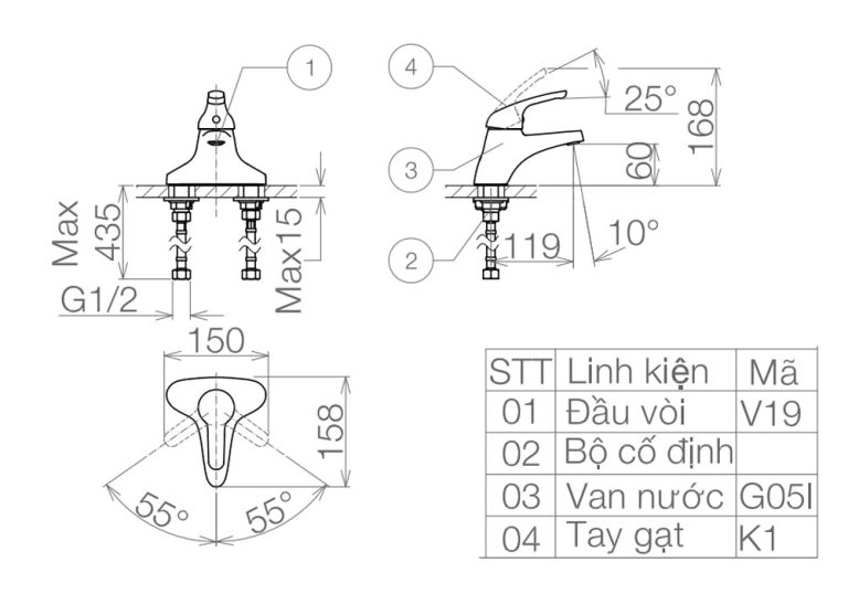 Bản vẽ kỹ thuật Vòi lavabo VIGLACERA VG302 nóng lạnh