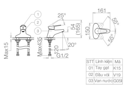 Bản vẽ kỹ thuật Vòi lavabo VIGLACERA VG315 nóng lạnh