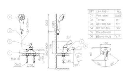 Bản vẽ kỹ thuật Vòi lavabo VIGLACERA VG326 kèm sen tắm nóng lạnh
