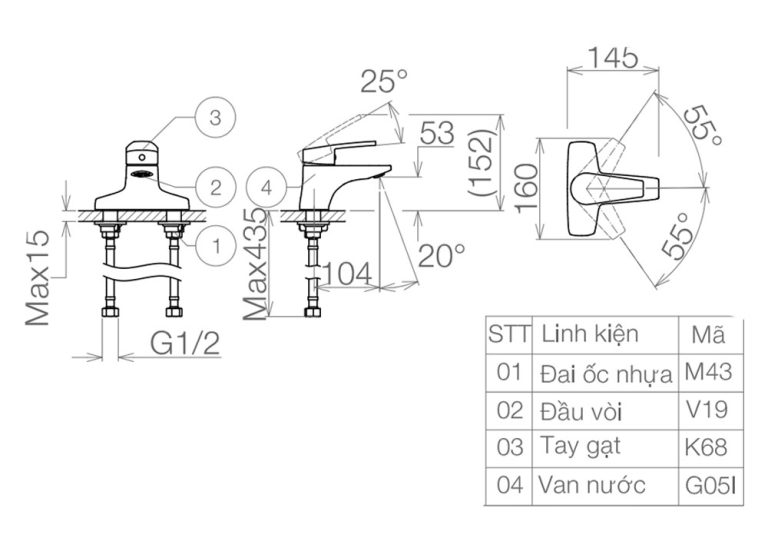 Bản vẽ kỹ thuật Vòi lavabo VIGLACERA VG368 nóng lạnh
