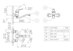 Bản vẽ kỹ thuật Vòi rửa bát VIGLACERA VG701 (VG-701) nóng lạnh gắn tường