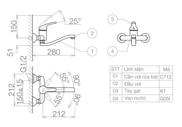 Bản vẽ kỹ thuật Vòi rửa bát VIGLACERA VG701 (VG-701) nóng lạnh gắn tường