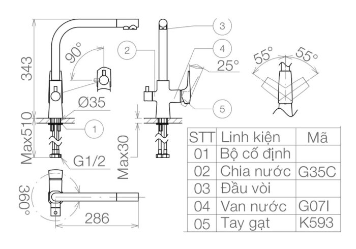 Bản vẽ kỹ thuật Vòi rửa bát VIGLACERA VG713 nóng lạnh 3 đường nước