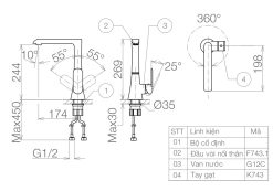 Bản vẽ kỹ thuật Vòi rửa bát VIGLACERA VG743 nóng lạnh