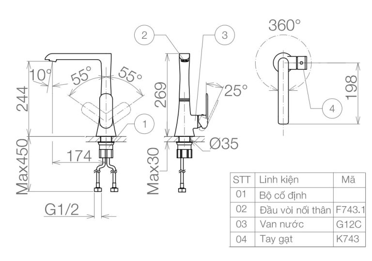 Bản vẽ kỹ thuật Vòi rửa bát VIGLACERA VG743 nóng lạnh