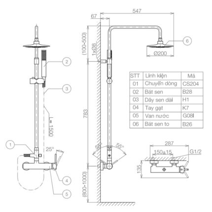 Bản vẽ kỹ thuật Vòi sen cây VIGLACERA VG596 nóng lạnh