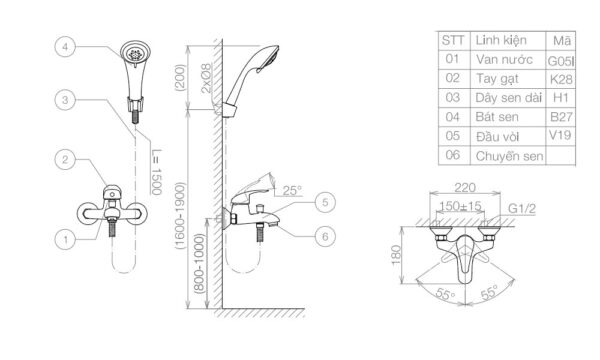 Bản vẽ kỹ thuật Vòi sen tắm VIGLACERA VG504 nóng lạnh