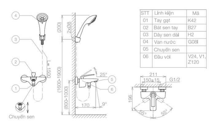 Bản vẽ kỹ thuật Vòi sen tắm VIGLACERA VG542 nóng lạnh