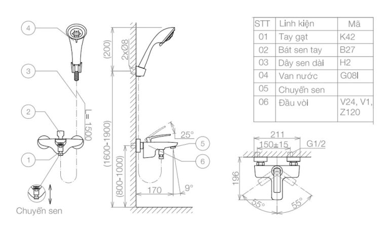 Bản vẽ kỹ thuật Vòi sen tắm VIGLACERA VG542 nóng lạnh