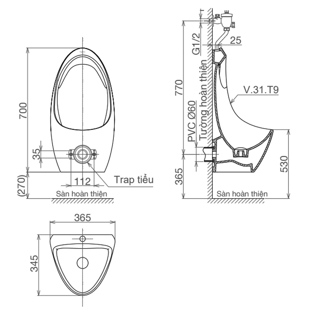Bồn tiểu nam VIGLACERA T9 cấp dương treo tường