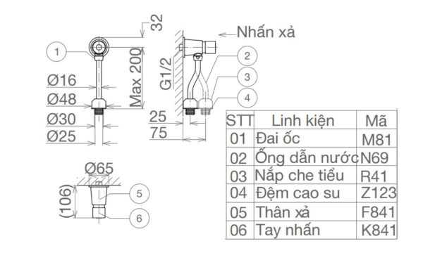 Bản vẽ kĩ thuật Van xả tiểu nam VIGLACERA VG841 VG841.1 (VGHX01) dạng nhấn (1)