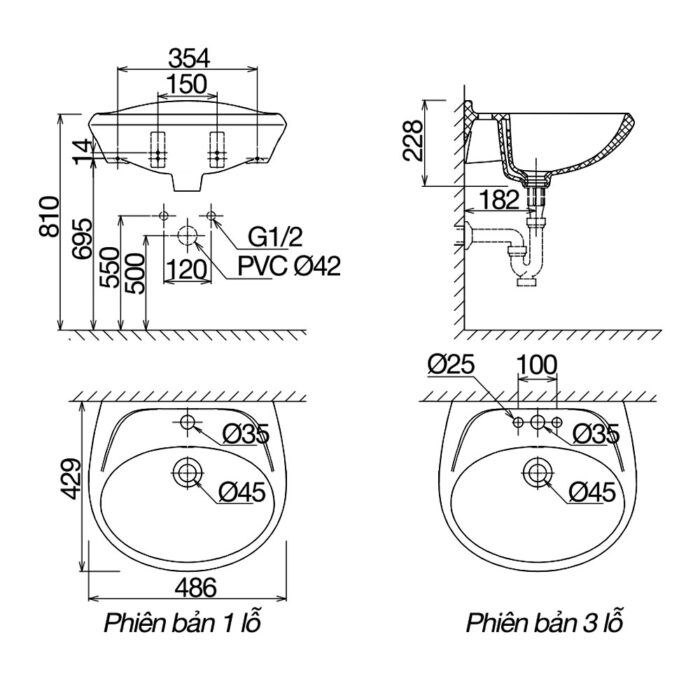 Bản vẽ kĩ thuật chậu lavabo VIGLACERA VTL3 treo tường