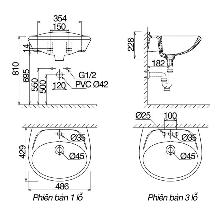 Bản vẽ kĩ thuật chậu lavabo VIGLACERA VTL3 treo tường