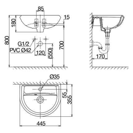 Bản vẽ kĩ thuật chậu lavabo VIGLACERA VTL3N treo tường
