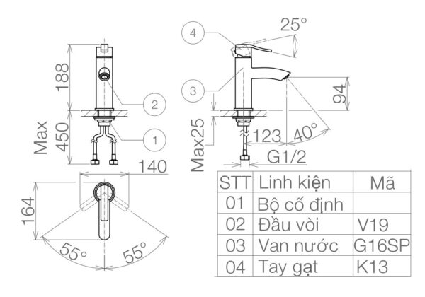 Bản vẽ kỹ thuật Vòi lavabo VIGLACERA VG105 nóng lạnh