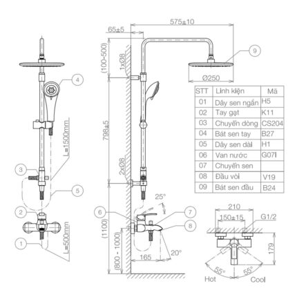Bản vẽ kỹ thuật Vòi sen cây VIGLACERA VG511.1 nóng lạnh