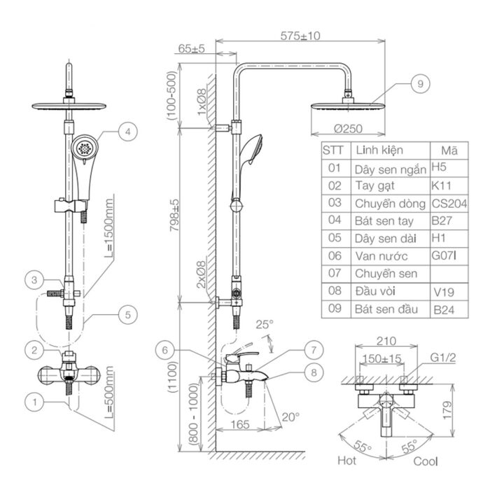 Bản vẽ kỹ thuật Vòi sen cây VIGLACERA VG511.1 nóng lạnh