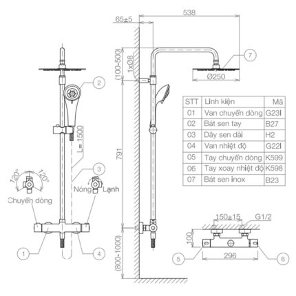 Bản vẽ kỹ thuật Vòi sen cây VIGLACERA VG598 nhiệt độ