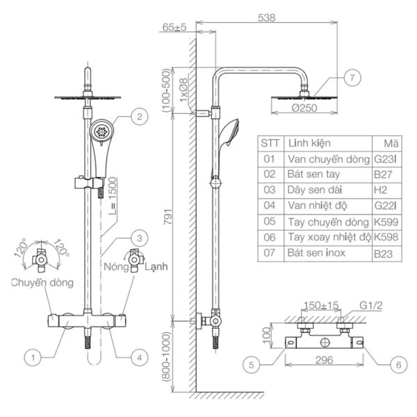 Bản vẽ kỹ thuật Vòi sen cây VIGLACERA VG598 nhiệt độ