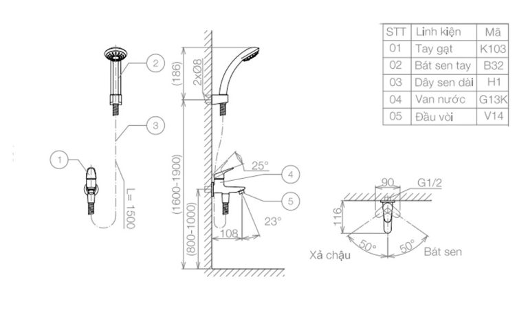 Bản vẽ kỹ thuật Vòi sen tắm VIGLACERA VG503 chỉ lạnh