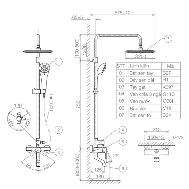 Bản vẽ kỹ thuật Vòi sen cây VIGLACERA VG597 nóng lạnh