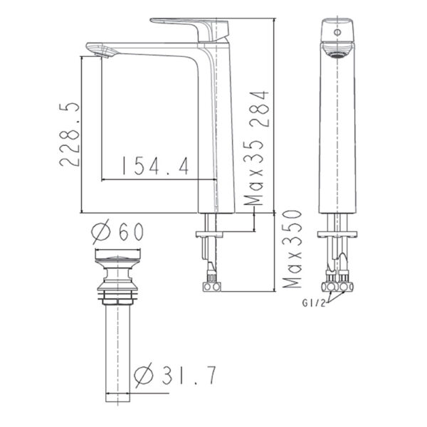 Bản vẽ kỹ thuật Vòi lavabo American Standard WF-1702CS cổ cao nóng lạnh