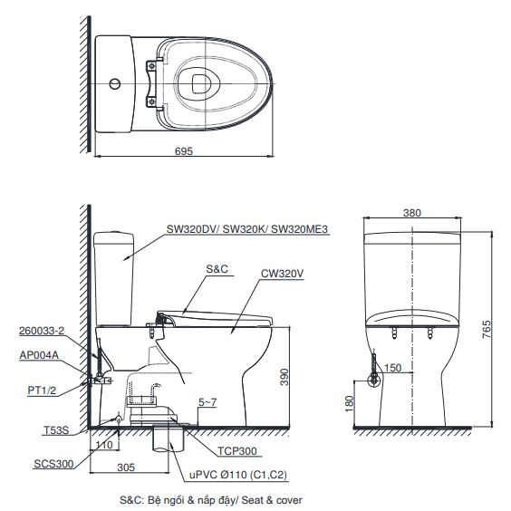 TOTO CS320DKMT3 - Bồn cầu 2 khối nắp êm TC385VS 1 TOTO CS320DKMT3 - Bồn cầu 2 khối nắp êm TC385VS