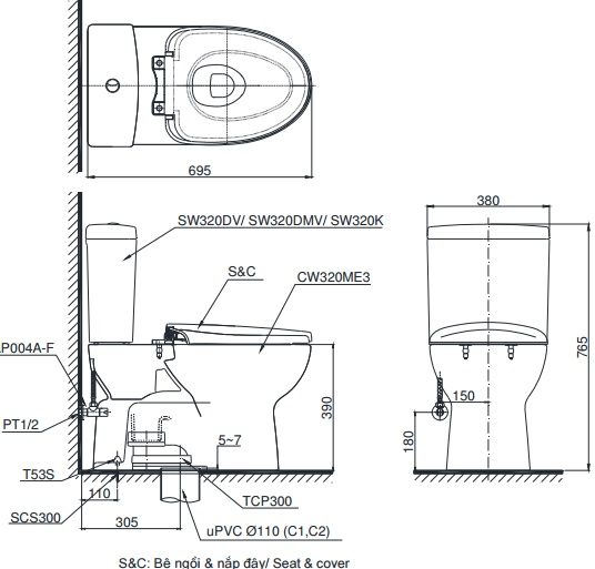TOTO CS320DMMT2 - Bồn cầu 2 khối nắp êm TC393VS 1 TOTO CS320DMMT2 - Bồn cầu 2 khối nắp êm TC393VS