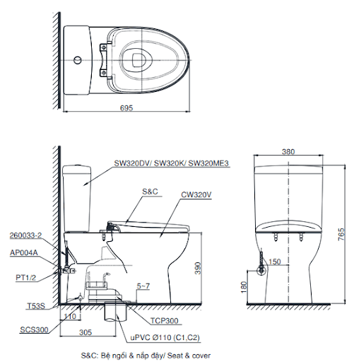 TOTO CS320DMMT8 - Bồn cầu 2 khối nắp êm TC600VS 1 TOTO CS320DMMT8 - Bồn cầu 2 khối nắp êm TC600VS