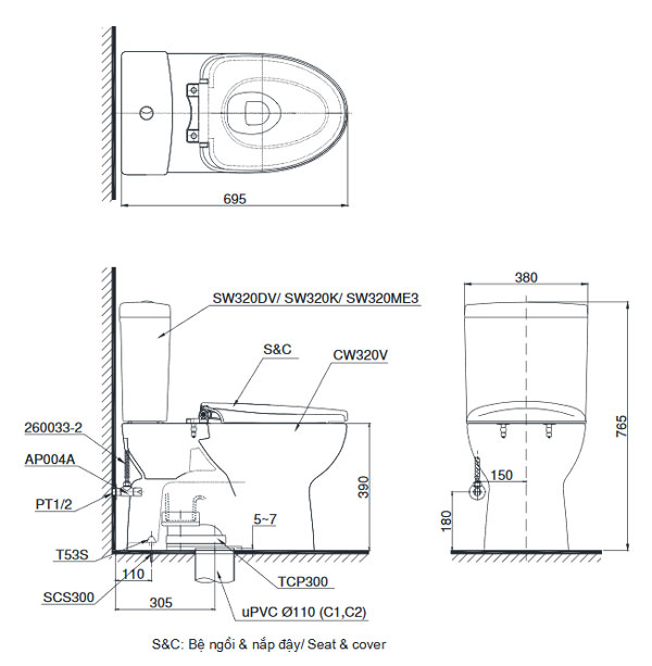 TOTO CS320DMRT3 - Bồn cầu 2 khối nắp êm TC385VS 1 TOTO CS320DMRT3 - Bồn cầu 2 khối nắp êm TC385VS