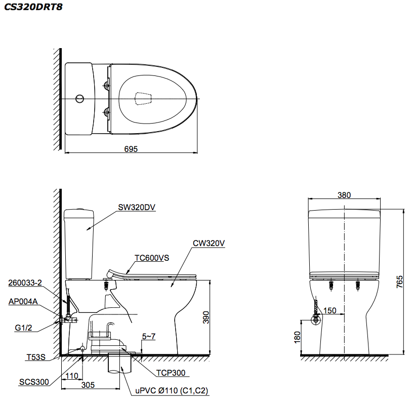 TOTO CS320DMRT8 - Bồn cầu 2 khối nắp êm TC600VS