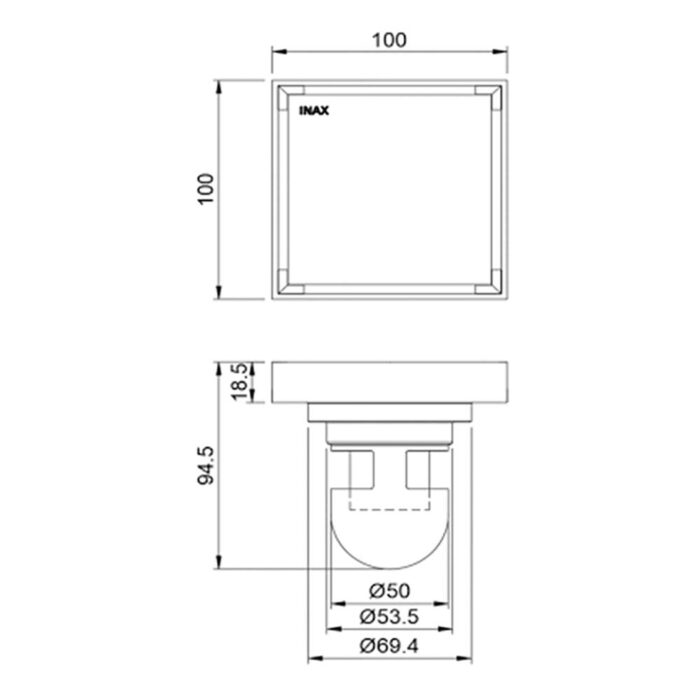Bản vẽ kĩ thuật Phễu thoát sàn INAX FDV-10F vuông 100x100mm