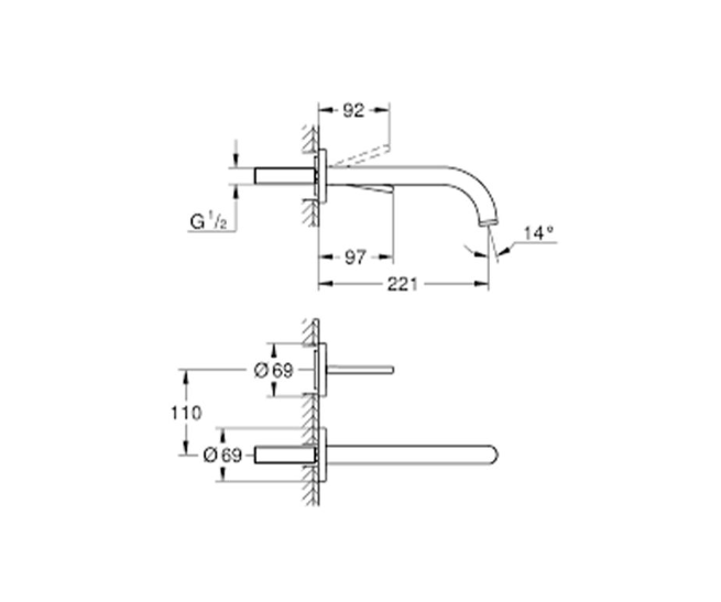 Bản vẽ kích thước Vòi lavabo GROHE Atrio 19918003 gắn tường Nóng Lạnh