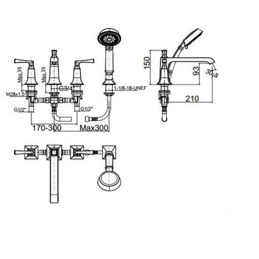 Vòi Bồn Tắm American Standard WF-1600 Nóng Lạnh 4 Lỗ 2