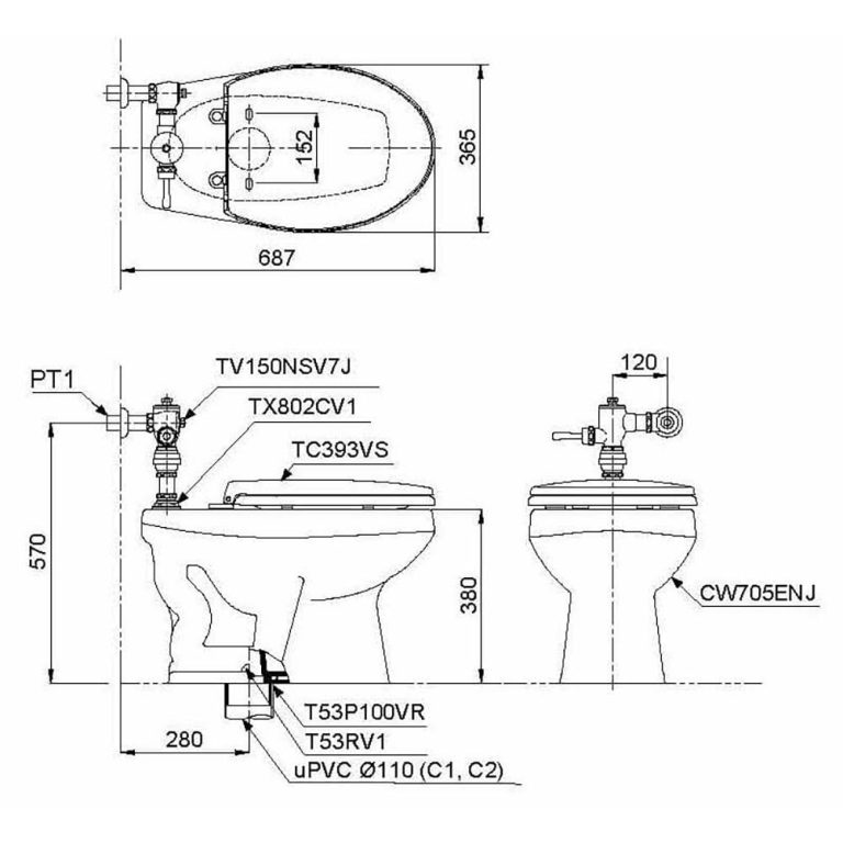 Bản vẽ kĩ thuật Bồn cầu 1 khối TOTO CW705ENJ TV150NSV7J TX802CV1 T53P100VR T53RV1 TC393VS nắp êm TC600VS