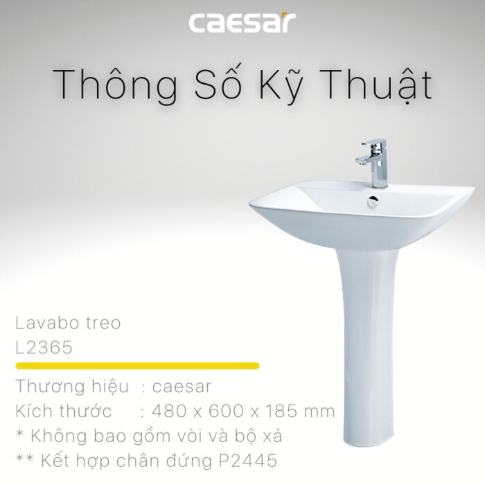 Chậu lavabo treo tường CAESAR L2365 P2445 chân dài - Ảnh 5