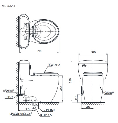 TOTO MS366E4 - Bồn cầu thông minh nắp rửa cơ TCW1211A 1 TOTO MS366E4 - Bồn cầu thông minh nắp rửa cơ TCW1211A