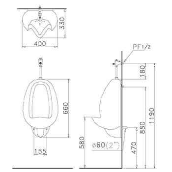 CAESAR U0231 - Bồn tiểu nam treo tường xả thẳng 1 Bản vẽ bệ tiểu Caesar U0231