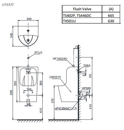 Bản vẽ bệ tiểu nam UT557T TOTO
