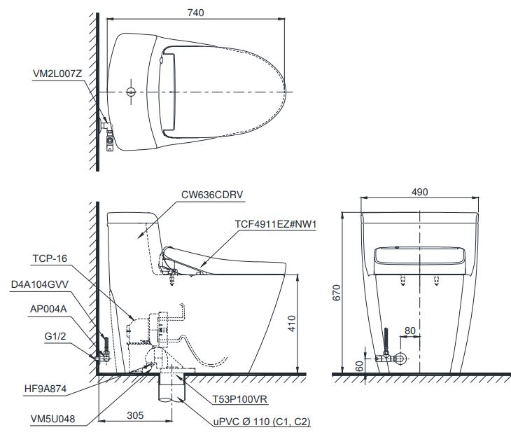 TOTO MS636CDRW12 - Bồn cầu thông minh nắp rửa điện tử TCF4911EZ 1 Bản vẽ bồn cầu 1 khối TOTO MS636CDRW12