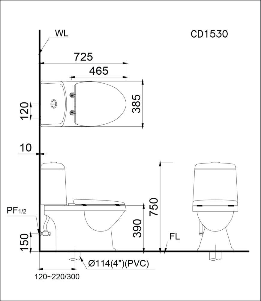 Bản vẽ bồn cầu Caesar CD1530 - Xí bệt bàn cầu vệ sinh 2 khối