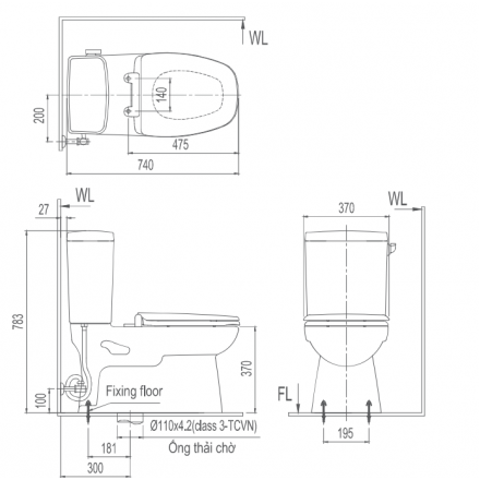 Bản vẽ bồn cầu INAX AC-838VN - Xí bệt bàn cầu vệ sinh 2 khối xả gạt