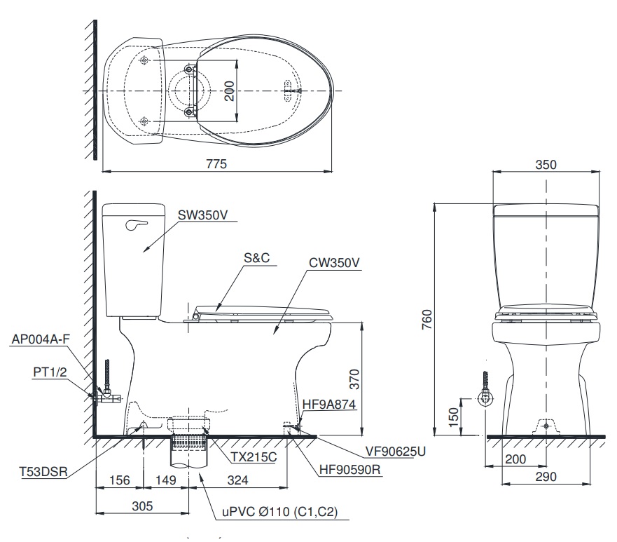 bản vẽ bồn cầu nắp điện tử TOTO CS350DW4