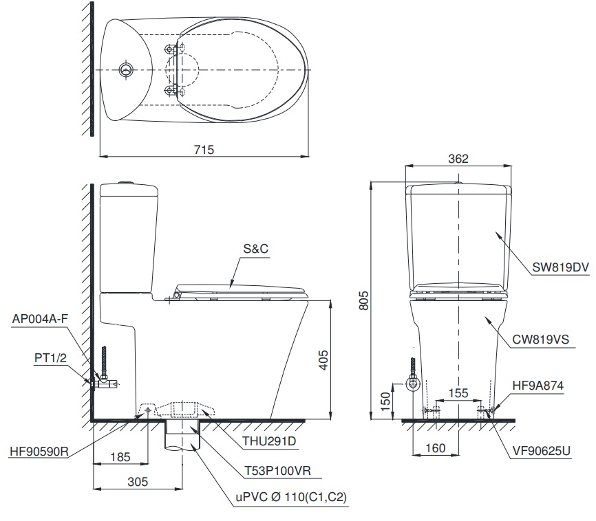 TOTO CS819DSW4 - Bồn cầu thông minh nắp rửa điện tử TCF4731A 1 bản vẽ bồn cầu nắp điện tử TOTO CS819DSW4
