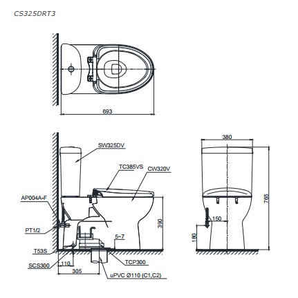 TOTO CS325DRT3 - Bồn cầu 2 khối nắp êm TC385VS 1 bản vẽ bồn cầu TOTO CS325DRT3 thùng nước S3250