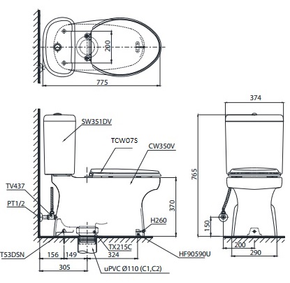 bản vẽ bồn cầu TOTO CS351DE2 nắp rửa cơ